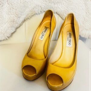 Jimmy Choo Mustard Yellow Peep-Toe Platform Pumps